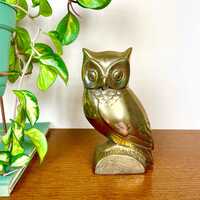 Vintage Large Brass Owl Perched on a Log 7" Tall Gold Figurine Mid Century Modern Boho 1970s Ag