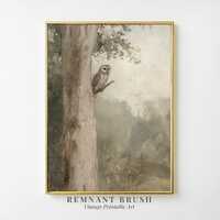 Vintage Owl in Tree Art Print | Woodland Bird Painting PRINTABLE Nature Wall Art Neutral Beige Decor