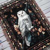 Floral Snowy Owl Woodland Woven Throw Blanket, Forest Wildlife Bird Wall Art Tapestry, Dark Moody Na