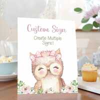Editable Owl Table sign, Girl Owl Custom Sign, Floral Owl Table Sign, Owl birthday decorations, Owl 