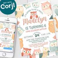Owl Birthday Invitation - Cute Super Kawaii Owls Hoot Kids Birthday Digital Invite 5x7 4x6 Printable