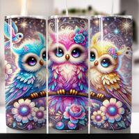 Owls and flowers 20oz skinny tumbler sublimation design Watercolor animal Floral Seamless digital PN