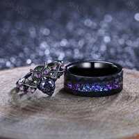 Blue Sandstone Owl Ring Set, Gothic Branch Design, Tungsten Wedding Band