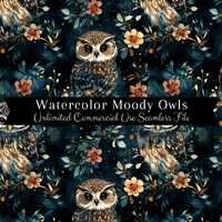 Watercolor Moody Floral Moon Owl Seamless Print | Moon Seamless Pattern | Commercial Use Pattern | W