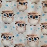 Jersey " Hedwig " schlaue Eule mit Brille, Tiere, hellbraun auf hellblau mit Wassertropfen