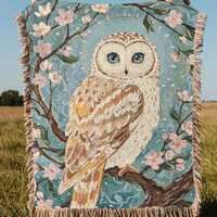 Owl Woven Blanket Apple Blossoms Mystical Art Tapestry Folklore Decor Owl Lovers Gift Enchanted Aest
