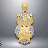 14K Yellow Gold with Rhodium Textured Owl Pendant with Necklace Chain Options