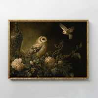 Owl Bird Garden Art | Vintage Oil Painting, Dark Academia, Gothic Romanticism, Moody Wall Art, Still