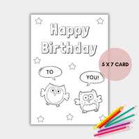 Owl Birthday Card for Kids, Printable Owl Coloring Card with Envelope, Birthday Coloring Card, Insta