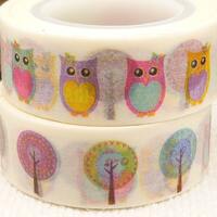 Washi Tape, Rainbow Owls Washi Tape, Colorful Trees Washi Tape,  Full Roll - I573