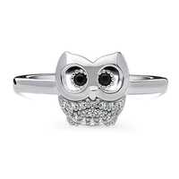 OWL Ring, Black & White Round Moissanite Diamond Ring, Mini Owl Bird Inspired Ring, Delicate Rin