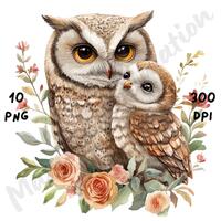10 PNG Cute Owl Mother Clipart, Watercolor Mom Owl and Her Cubs, Whimsical Bird Clipart, Happy Mothe