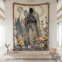 Medieval Knight and Owl Blanket, Aesthetic Woven Throw, Fairytale Inspired Decor, Fairycore Goblinco