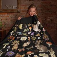 Mystical Forest Sherpa Blanket, Owl & Rabbit Woodland Creatures and Plants Botanical Throw Blank