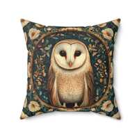 Barn Owl Pillow Faux Suede Pillow Case Floral Frame Whimsical Bird Cover, Botanical Owl Sham, Enchan