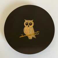 Couroc of Monterey Inlaid Round Plate Tray Owl Mid Century