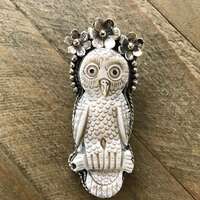 Bone owl pendant, handcrafted, Nepalese, Tibetan repousse silver, 67X21 mm