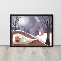 Woodland Winter Night Art Print: Owl, Fox & Bear