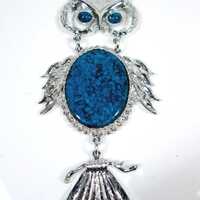 Vintage Owl Necklace: Articulated, Bright Silver & Faux Turquoise