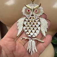 Vintage articulated white/gold owl pendant necklace, whimsical white own pendant necklace, white gol