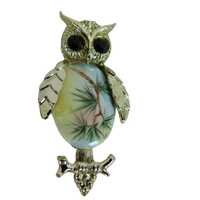 Vintage Owl Brooch | Hand Painted Porcelain Cabochon with Woodland Scene | Gold Tone Pin | Nature I