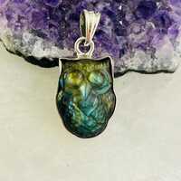 Splendid Blue carved Labradorite silver pendant, Owl shape