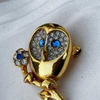 french vintage Gold vermeil owl brooch owl on the tree flower bleu eye crystal vintage gold brooch h