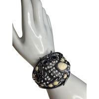 Vintage Silver-Tone Owl Cuff Bracelet With Rhinestones & Ivory Accents - Statement Jewelry