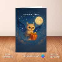 Magical Owl Birthday Card Printable | Editable Greeting Card Template | Canva Instant Download | Cel