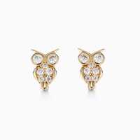 Diamond Owl Earrings Gold 10k, Yellow Gold Bird CZ Stud Earrings