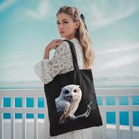 Snowy Owl Black Cotton Canvas Tote Bag Unique Abstract Owl Polymer Lace Aesthetic Mystical Esoteric 