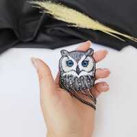 Embroidered brooch “Owl” Elegant design of Bird with crystals and chains Perfect gift fo