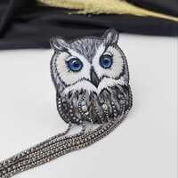Embroidered brooch “Owl” with blue eyes Elegant bird design with crystals gift for natur