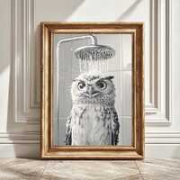 Black and White Owl Wall Art, Owl Under Shower Art Print, Owl Poster, Digital Monochrome Decor, Owl 