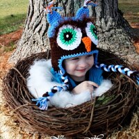 Crochet Owl Hat, Handmade Winter Beanie. Made to order