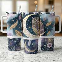 Boho Owl 40oz Tumbler Wrap, Sunflower Sublimation design template, Mandala 40oz png Digital download