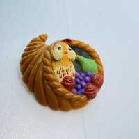 Vintage Pin Brooch Plastic 1986 Hallmark Cards Inc. Cornucopia With Owl And Food Used