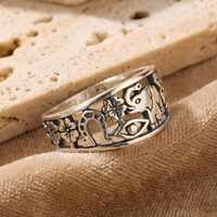 Silver Good Luck Ring, Elephant Owl and Evil Eye Band, Multi Symbol Charm Jewelry