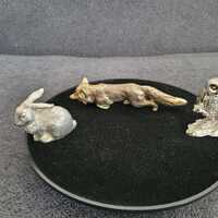 Vintage metal figurines/sculptures of owl, hare and fox.