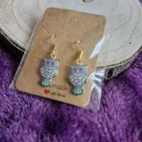 Multi Coulour Wise Owl Gold-Plated Dangly Earrings - Blue and Purple Bird Earrings