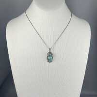 Sterling Silver, Turquoise, and Marcasite Owl Pendant, 1 1/4 Inch Long, on 18 Inch Sterling Chain. F