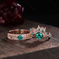 Vintage Emerald Couple Ring Set, Rose Gold Owl Branch Wedding Bands