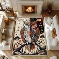 Boho Owl Rug With Moon And Sun Design, Mystical Woodland Area Carpet, Bohemian Animal Decor For Livi