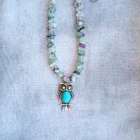 Wise Old Owl Pendant with Rainbow Fluorite Beaded Necklace