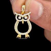 14K Gold Natural Diamond Owl Pendant, Solid Gold Owl Charm Necklace, Unisex Diamond Owl Lover Pendan