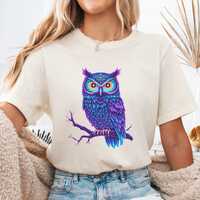 Neon Owl Shirt, Psychedelic Owl Graphic Tee, Vibrant Nocturnal Bird Design, Colorful Owl Artwork, Co