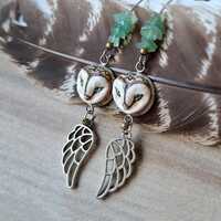 Barn Owl Dangle Earrings – Stainless Steel and Bronze with Wings & Raw Green Aventurine Cr