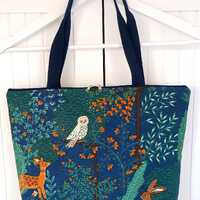 Handmade woodland owl design Canvas tote / Shopping bag. Large inside pocket. Vinyl base