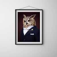 Owl Wall Art, Dressed Animal Portrait, Wise Owl In Suit Artwork, Owl Digital Download, Anthropomorph