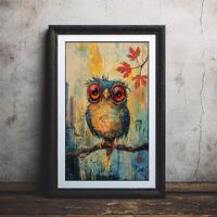 Print Quirky Owl Red Eyes Cityscape Leaves, Interiors Gift, Bold Decor – Expressive Artwork Fr